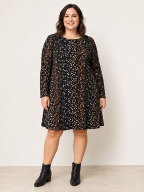 George XL Black Ditsy Floral Long Sleeve Swing Dress